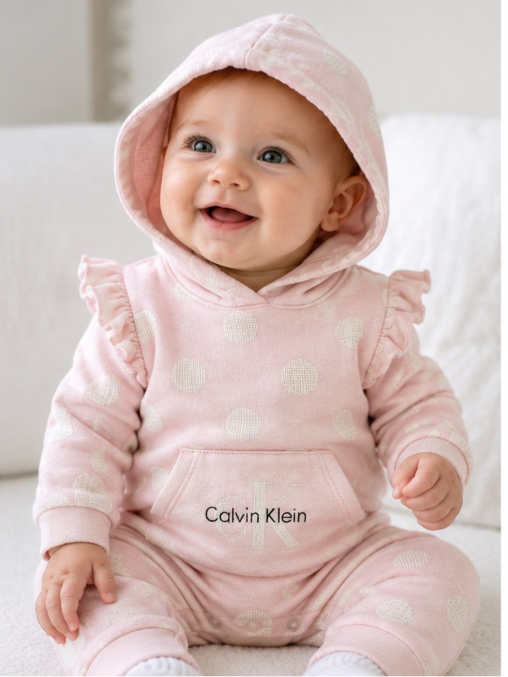 Calvin Klein Pink Hooded Polka Dot Baby One-Piece